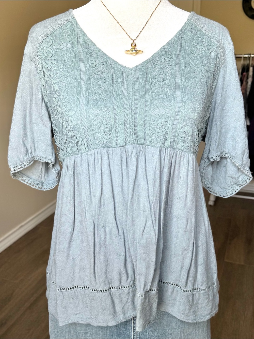 Sage Green Boho Babydoll Western Earthy Women's Small Summer Fall Blouse
